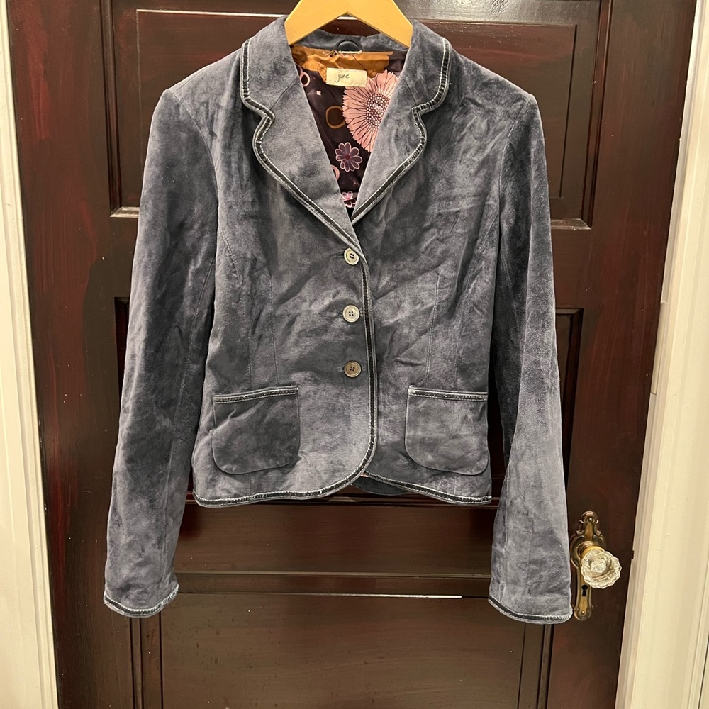 June Blue Suede Blazer Jacket with Velvet Trim